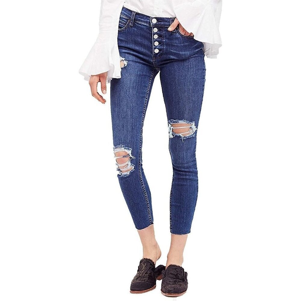 Free People Womens Reagan Destroyed Button Fly Skinny Crop Jeans Blue 24 NWT